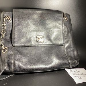 Chanel flap bag tote in caviar leather silver